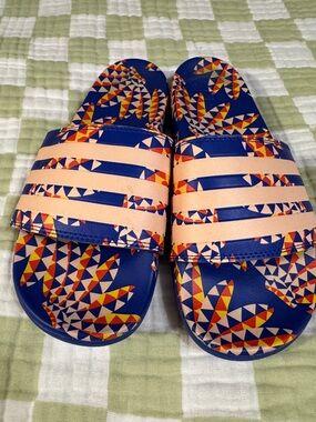 Adidas Blue Geometric Slide Sandals with Peach Straps